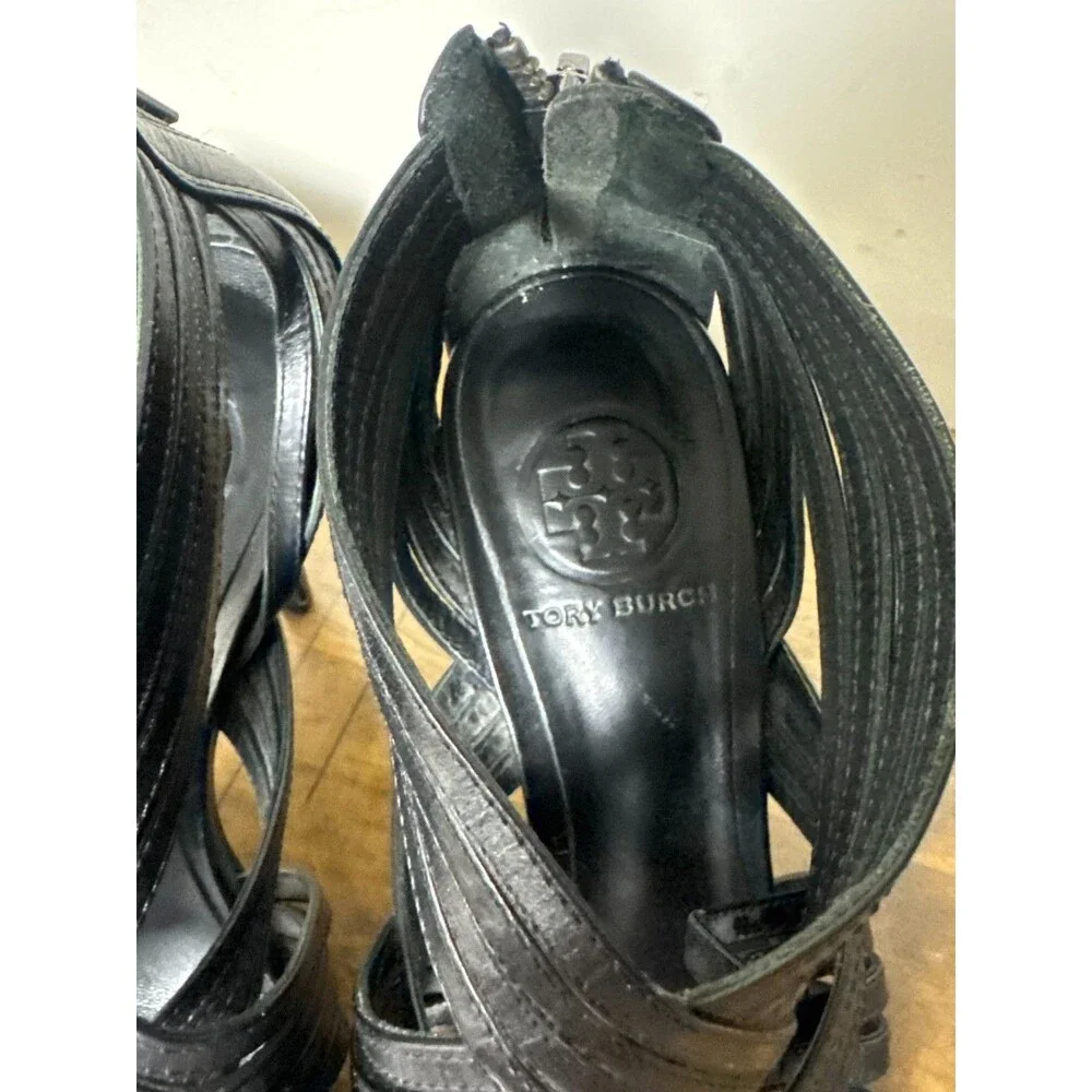 Tory Burch Women’s Size 7 Black Leather Strappy High Heels Designer Pumps